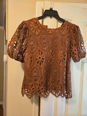 Rust brown L Ultra Pink crocheted top, NWT
